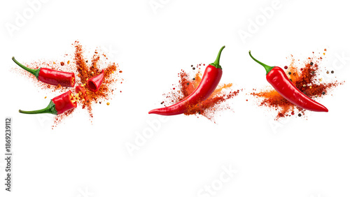 Red chili pepper exploding with spices isolated on transparent background