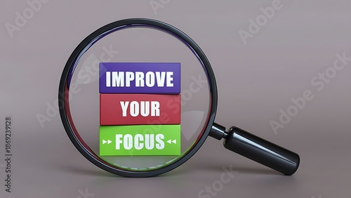 A magnifying glass focuses on stacked blocks displaying improve your focus