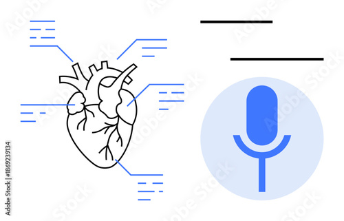 Healthcare, technology, speech analysis, medical innovation, communication, research. Stylized human heart with analytical details and a microphone. Healthcare and technology concept