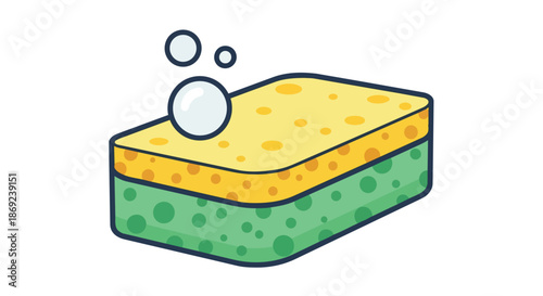 Vibrant yellow and green kitchen sponge for domestic cleaning tasks featuring playful soap suds bubbles a cheerful illustration of essential