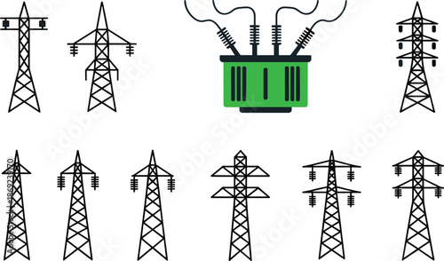 Electric power transmission towers and substation equipment flat vector illustration, energy infrastructure collection for electricity grid engineering design