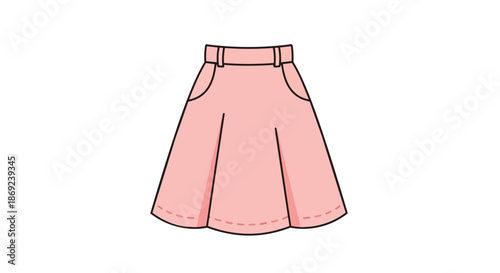 A delightful minimalistic cartoon drawing showcasing a charming pink flared skirt with a comfortable waistband and functional pockets, embodying