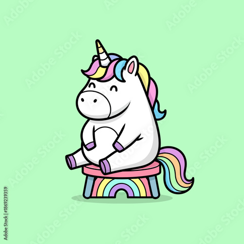 Cute cartoon unicorn sitting on a rainbow stool.