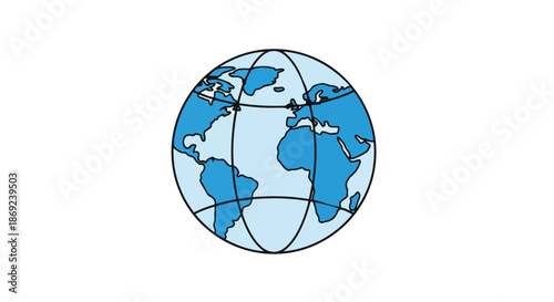 A clean graphic illustration of the Earth globe, showcasing continents and oceans in blue against a white background, symbolizing global unity.