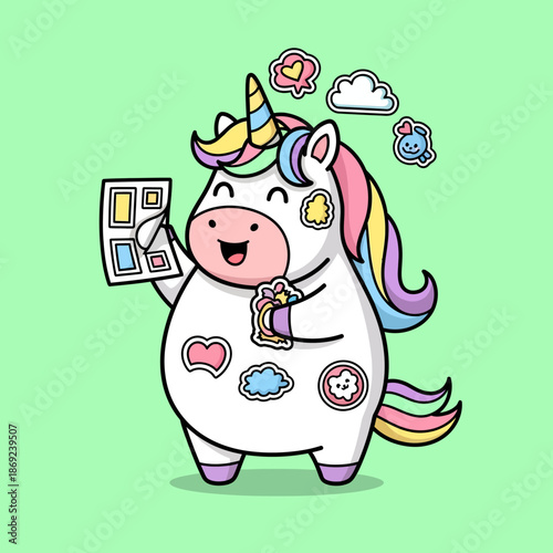 Cute Chubby Unicorn Applying Stickers.