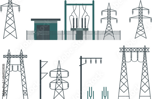 Electricity transmission structures illustration, power line towers and electrical substation, high voltage energy grid components for utility infrastructure design