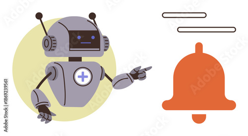 Technology, AI assistance, notifications, automation, futuristic interfaces, digital alerts. Robot with cross emblem points to notification bell. Technology and AI assistance concept
