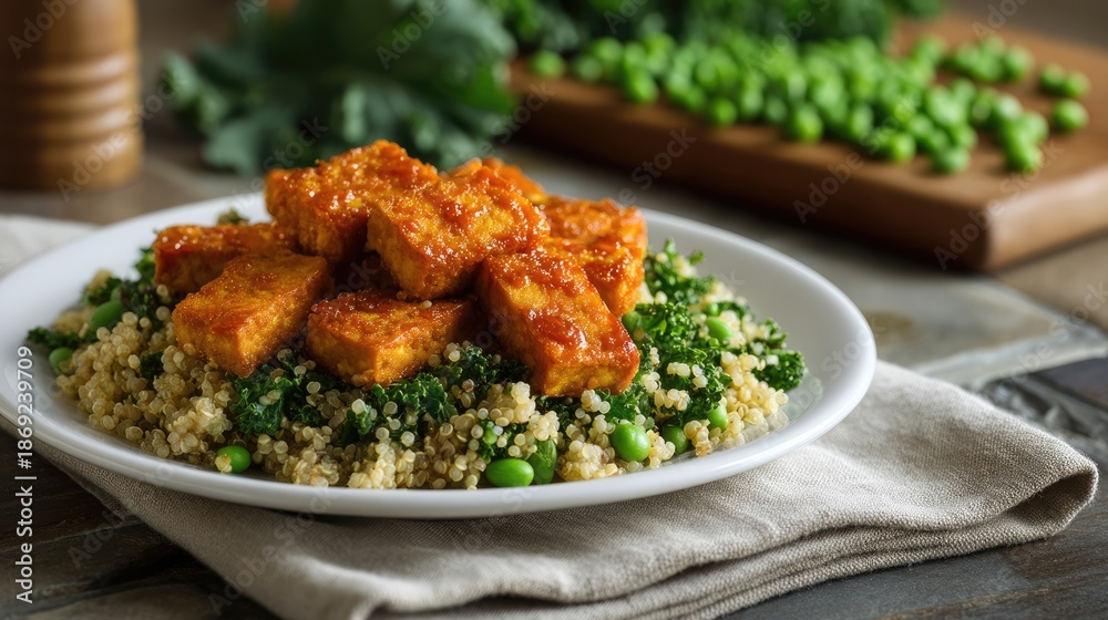 Fototapeta premium Savory Tofu Platter with Quinoa, Kale, and Fresh Green Peas on Wooden Table