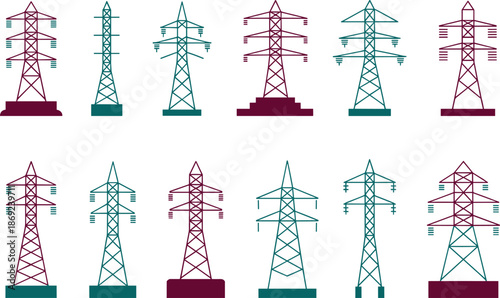 Electricity transmission tower icons set, power line pylons collection, energy infrastructure illustration, electric grid symbols, utility network design
