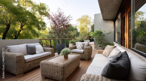 Modern outdoor patio with wicker furniture and lush greenery on a sunny day