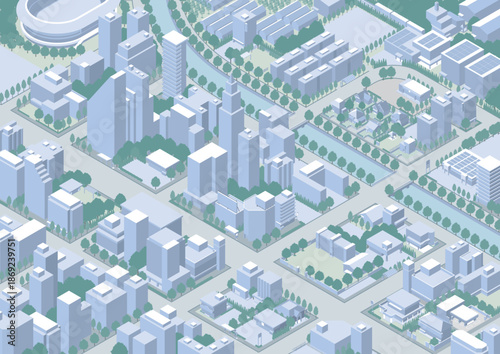 街並みの立体図. 都市の景観. アイソメ図で描いた都市.