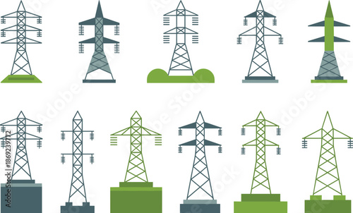 Electricity transmission tower icons set, power line pylons collection, energy infrastructure illustration, electric grid symbols, utility network design