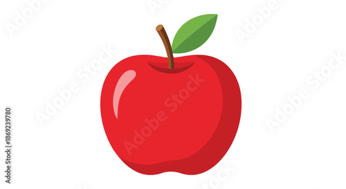 Vibrant crisp red apple illustration with a delicate green leaf and sturdy brown stem, symbolizing freshness and healthy eating on a white