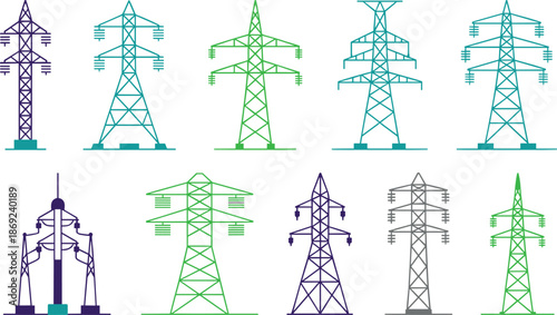 Electricity transmission tower icons set, power line pylons collection, energy infrastructure illustration, electric grid symbols, utility network design
