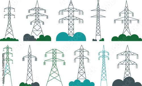 Electricity transmission tower icons set, power line pylons collection, energy infrastructure illustration, electric grid symbols, utility network design