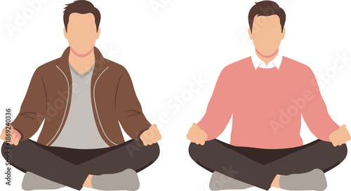 Man, sitting, in, lotus, position, meditating, for, stress, relief, and, mental, health, wellness, flat, vector, illustration, in, casual, outfits