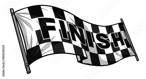 This clear monochrome graphic displays a waving checkered flag with 'FINISH' text, signifying race completion, triumph and the ultimate success of a