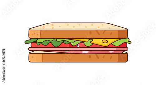 Delicious cartoon sandwich with ham cheese lettuce and tomato for a quick meal