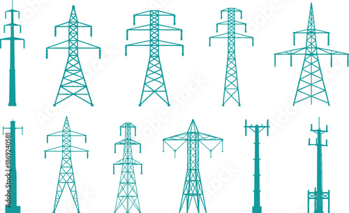 Electricity transmission tower icons set, power line pylons collection, energy infrastructure illustration, electric grid symbols, utility network design