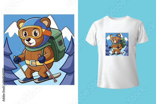 Dynamic black and white t shirt design featuring a snowboarder mid air against a mountain and forest landscape