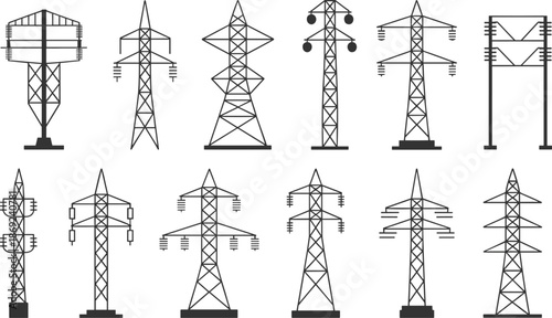 Electricity transmission tower icons set, power line pylons collection, energy infrastructure illustration, electric grid symbols, utility network design