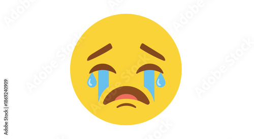 A poignant yellow emoji face conveys profound sadness with prominent blue tears streaming down its cheeks and a deeply downturned mouth expressing