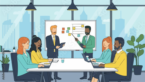 Diverse group of professionals collaborating in a modern office meeting room, presenting ideas on a whiteboard.