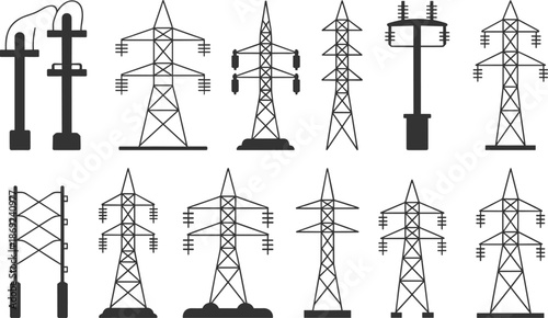 Electricity transmission tower icons set, power line pylons collection, energy infrastructure illustration, electric grid symbols, utility network design