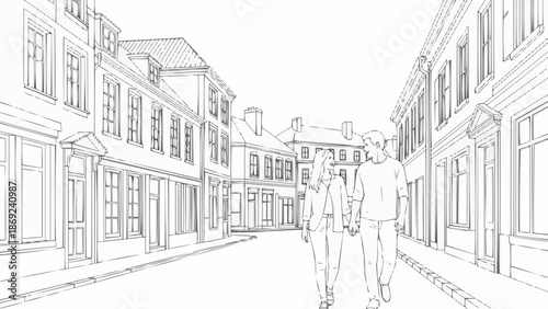 Couple walking hand in hand down a charming European street.