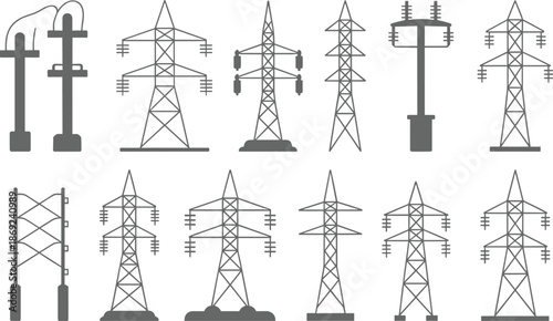 Electricity transmission tower icons set, power line pylons collection, energy infrastructure illustration, electric grid symbols, utility network design