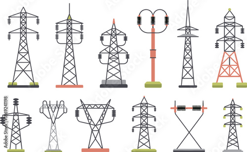 Electricity transmission tower icons set, power line pylons collection, energy infrastructure illustration, electric grid symbols, utility network design