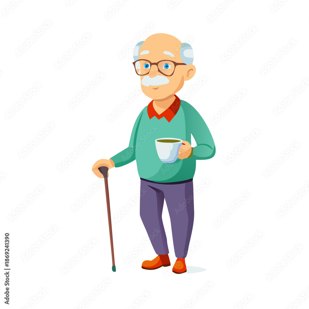 Fototapeta premium Grandfather wearing glasses. An elderly man with a cane in his hands. Vector illustration in cartoon style 