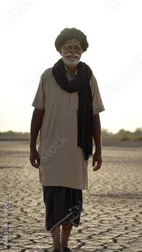 Elderly man in traditional attire stands smiling on cracked earth, symbolizing resilience and enduring spirit