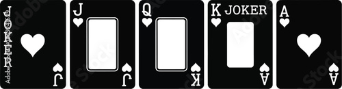 Royal flush set of five playing cards. A Joker, a Jack of hearts, a Queen of hearts, a King of hearts, and an Ace of hearts vector icons. 