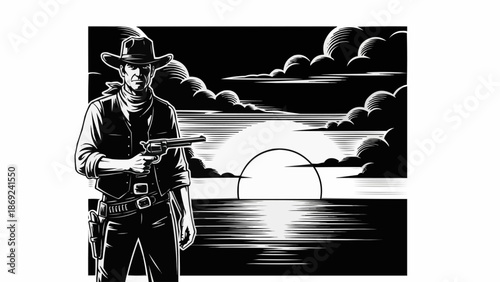 Cowboy with a gun at sunset on the water.