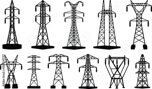Electricity transmission tower icons set, power line pylons collection, energy infrastructure illustration, electric grid symbols, utility network design