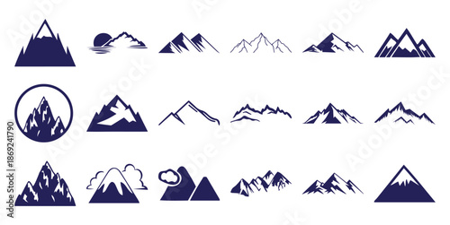 Collection of dark blue mountain range and silhouettes white mountains peak