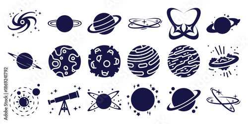 Collection of dark blue space featuring planets galaxies and a telescope galaxy stars