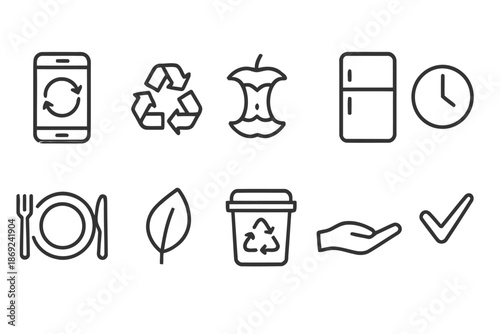 Set of recycling and environmental icons in outline style on white background showcasing efforts towards sustainability and resource conservation