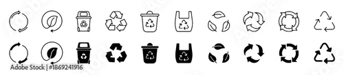 Set of Recycling Symbols and Eco Icons Collection of Environmentally Friendly Signs Isolated on White Background Eco Awareness and Sustainable Lifestyle Concept Vector Illustration