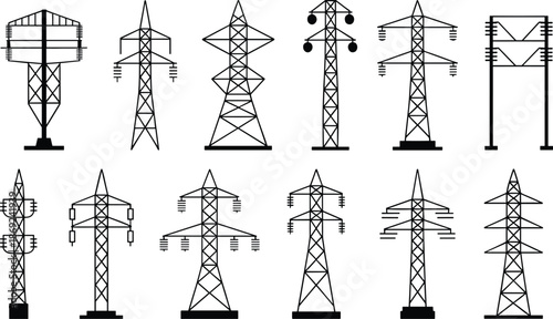 Electricity transmission tower icons set, power line pylons collection, energy infrastructure illustration, electric grid symbols, utility network design