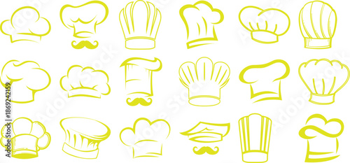 Collection of Yellow Chef Hats and Toques with Mustaches