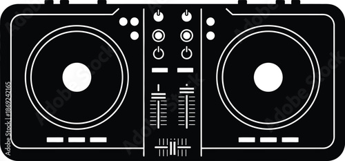 DJ equipment, a set of turntables and a mixer vector icon. DJ table setup, DJ controller with a mixer and two turntables illustration silhouette. 