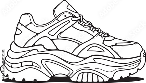 Vector illustration of sport shoes isolated on a white background featuring a digital circuit board pattern and tech line art for a modern engineering concept design