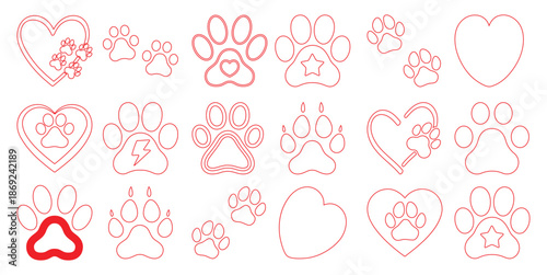 Red outline paw prints and hearts collection