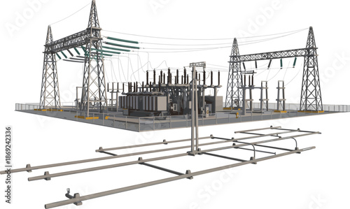 High voltage power transmission towers and electrical substation infrastructure illustration, energy distribution grid, utility technology, industrial landscape, modern reliable network