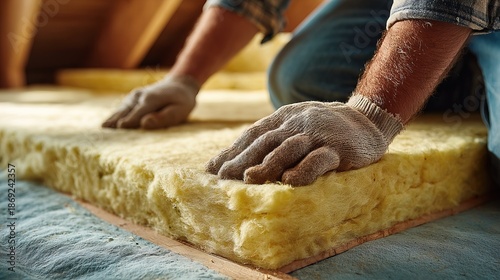 Close Up Detailed Installation of Mineral Wool Insulation Material