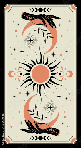 Magic tarot card with sun and crescents. Tarot symbolism. Mystery, astrology, esoteric. 