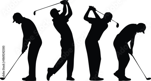 Silhouettes of a Golfer in Different Stages of a Swing, vector, illustration, silhouette.