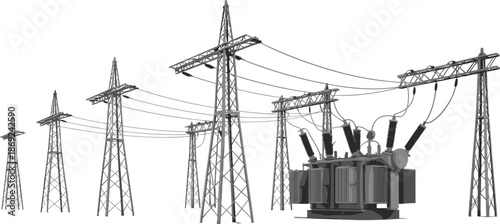 High voltage power transmission towers with electrical transformer, modern electricity grid infrastructure, energy distribution system, utility technology, industrial power network